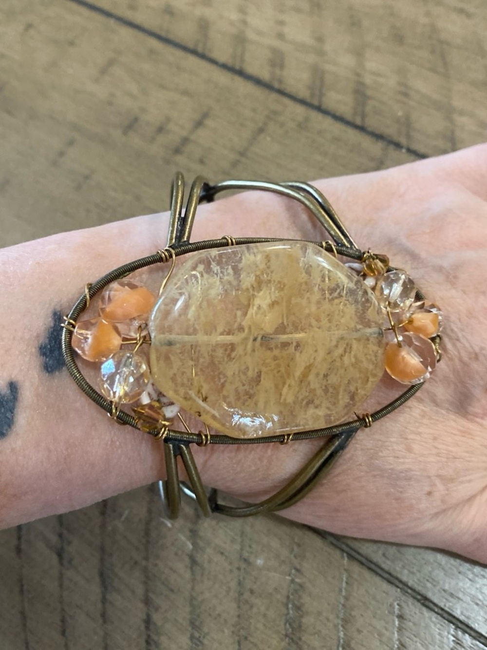 Large Quartz Handmade Gold-Tone Beige Stone Cuff Bracelet
